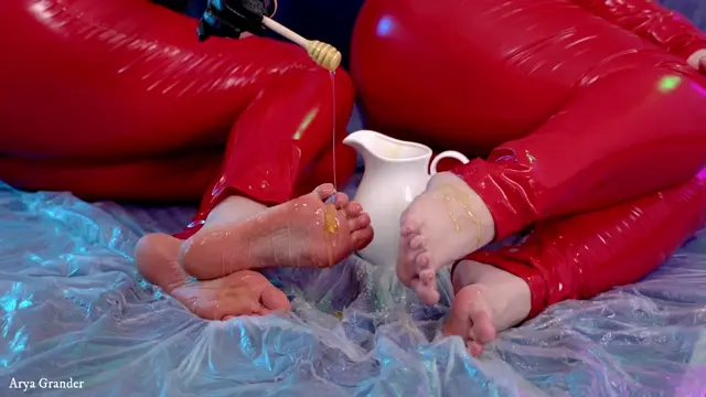 Poster: Amazing foot fetish 4k video with Arya Grander. Two beautiful ladies have fun with honey and barefoot, positive femdom Poster: Amazing foot fetish 4k video with Arya Grander. Two beautiful ladies have fun with honey and barefoot, positive femdom